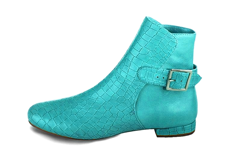 Sophisticated leather ankle boots detailed with an elegant back buckle and heel-strap finish for a distinct couture look, in aqua blue leather with round toe and low block heel - Florence KOOIJMAN